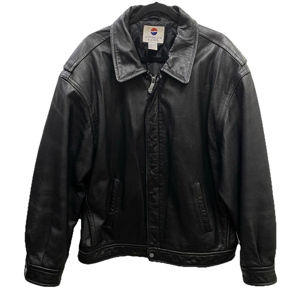 Vintage PEPSI Genuine Leather Black Bomber Jacket Men's‎ XL Biker Coat 80's 90's